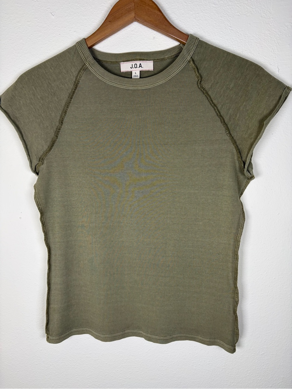 J.O.A. Juniors Large Olive Green Ribbed Cap Sleeve Top Raw Seam